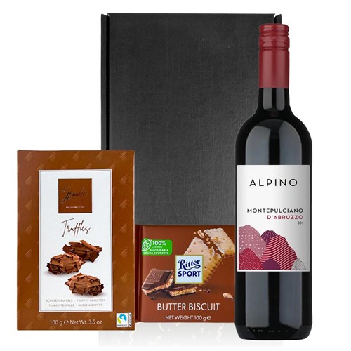 Alpino Montepulciano d'Abruzzo 75cl Red Wine and Chocolates Gift Box | Luxury Gift Set with Truffles & Ritter